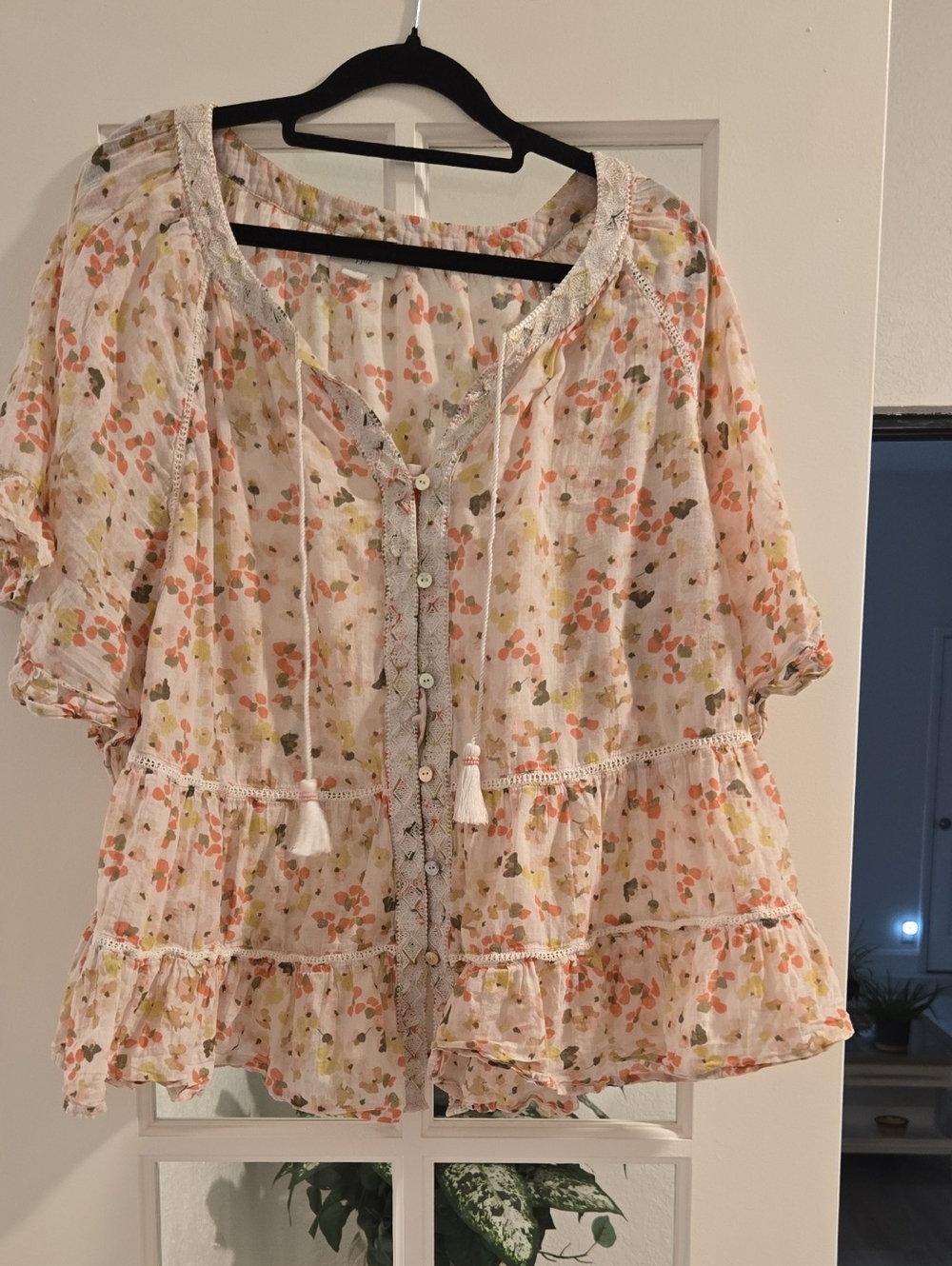 J. Jill Cream Pink Floral Tiered Button Blouse with Tassels
